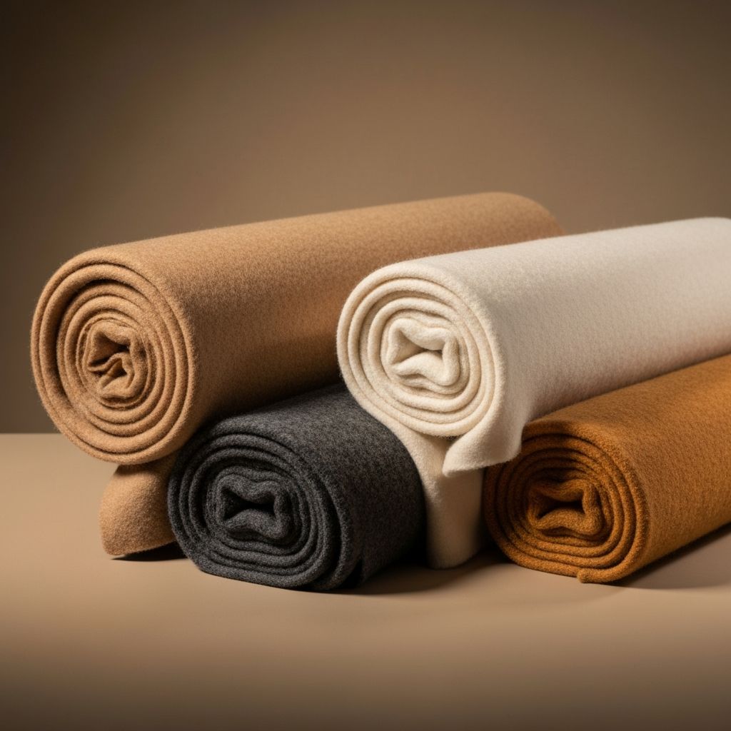 Rolls of premium Italian wool and cashmere fabric in elegant neutral tones